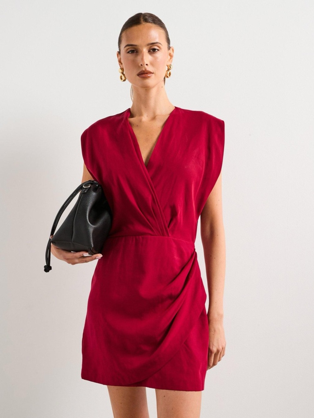 Mango V Neck Draped Sleeveless Lyocell Wrap Mini Dress Size 6‎ Red